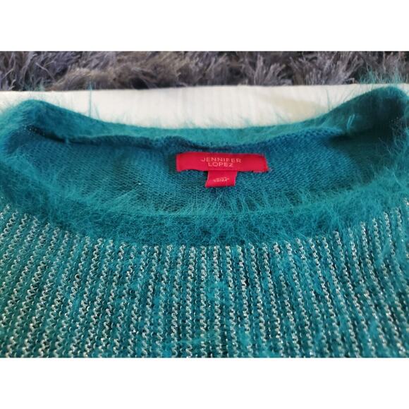 Jennifer Lopez XXL Dolman Sleeve Metallic Thread Faux Fur Teal Pullover Sweater - Picture 2 of 7